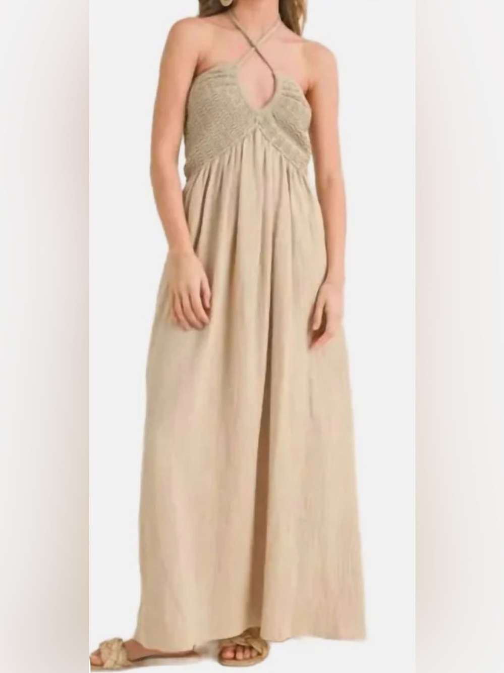 Beige Halter Maxi Dress with Smocked Bodice